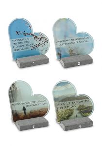 Marcador memorial em forma de coração com vários desenhos em placa de vidro